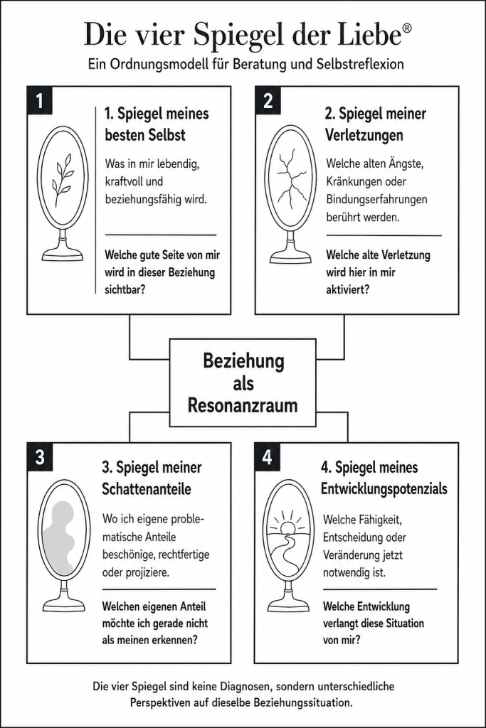Die vier Spiegel der Liebe® – Ordnungsmodell aus dem Buch mit vier Perspektiven auf Beziehung